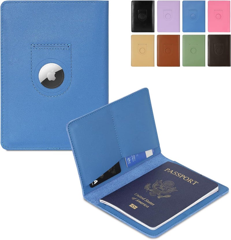 Kicoroiny Full Grain Leather AirTag Passport Holder Wallet Cover for Men and Women Travel, Passport Holder with AirTag Slot Passport Wallet, Travel Essentials Genuine Leather Passport Cover Gifts (Blue) - Image 1